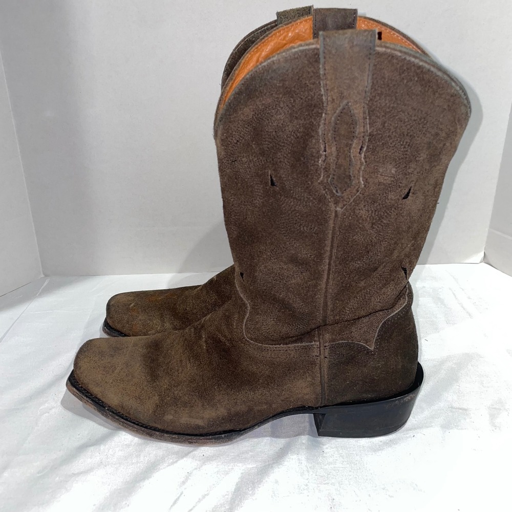 Moon Shine Brown Suede Western Cowboy Boots Square Toe Block Heel Pull On Boots - Picture 2 of 13